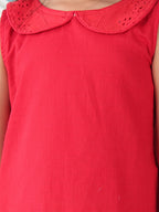 Red collared  sleeveless Top with Blue Printed Pant