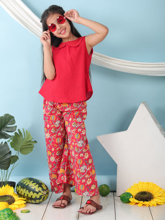 Red collared  sleeveless Top with Red Printed Pant
