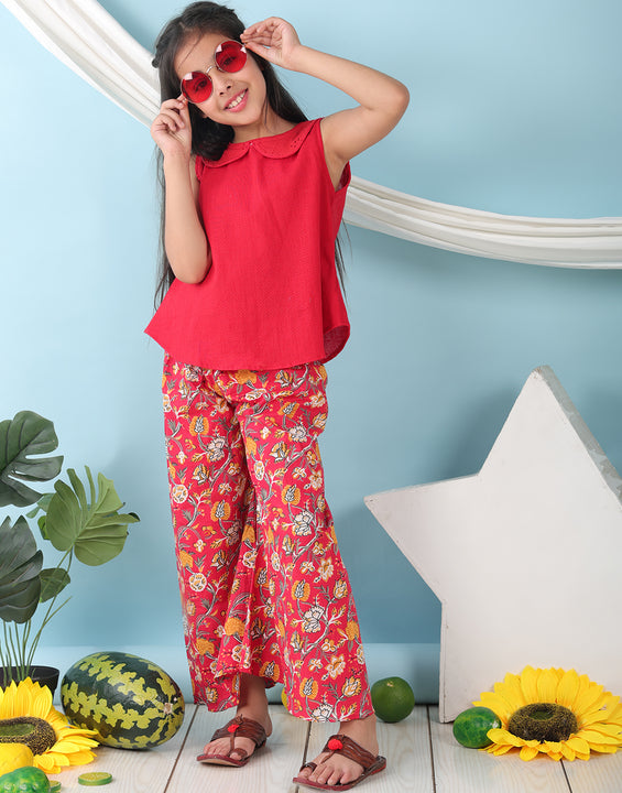 Red collared  sleeveless Top with Red Printed Pant