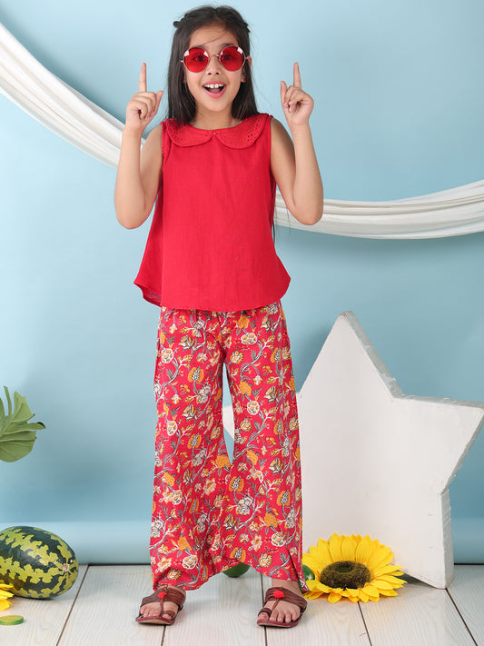 Red collared  sleeveless Top with Red Printed Pant