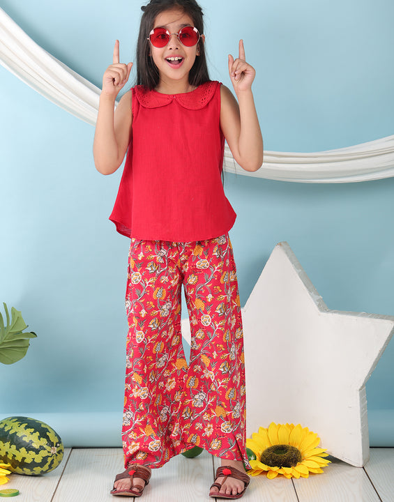 Red collared  sleeveless Top with Red Printed Pant