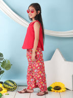 Red collared  sleeveless Top with Red Printed Pant
