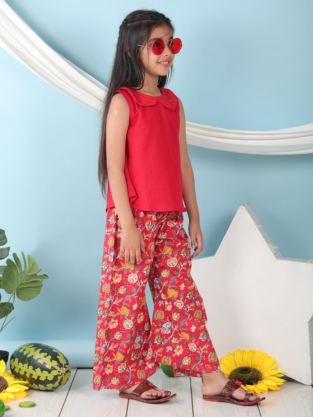 Red collared  sleeveless Top with Red Printed Pant