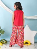 Red collared  sleeveless Top with Red Printed Pant