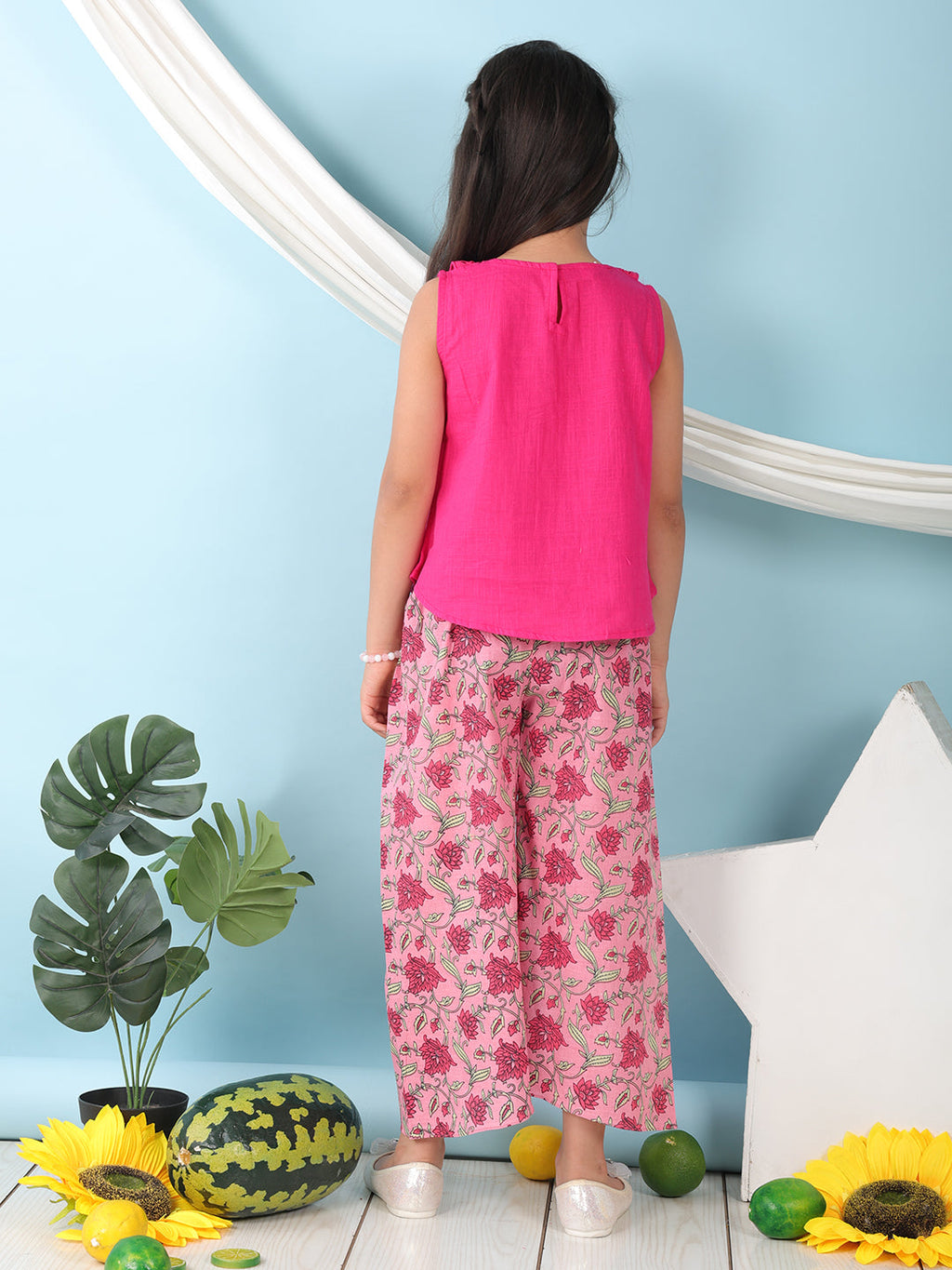 Pink collared  sleeveless Top with Pink Printed Pant