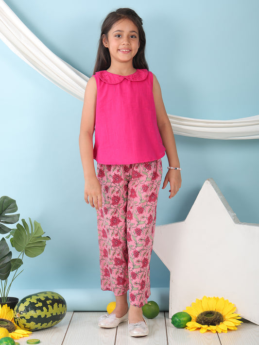 Pink collared  sleeveless Top with Pink Printed Pant