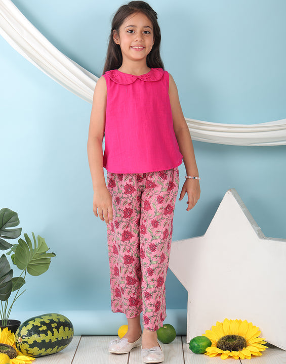 Pink collared  sleeveless Top with Pink Printed Pant