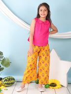Pink collared  sleeveless Top with Yellow Printed pant