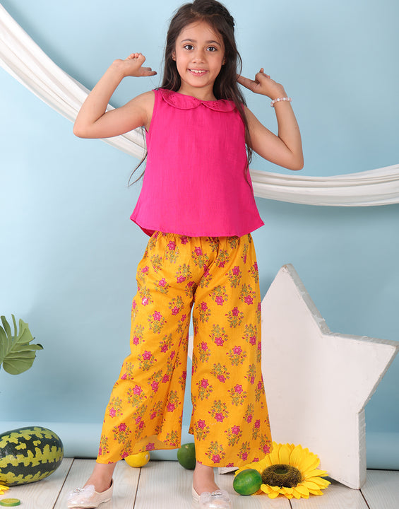 Pink collared  sleeveless Top with Yellow Printed pant