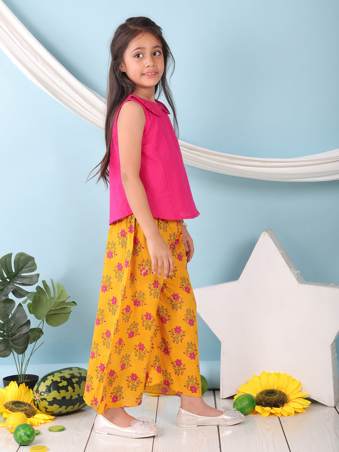 Pink collared  sleeveless Top with Yellow Printed pant