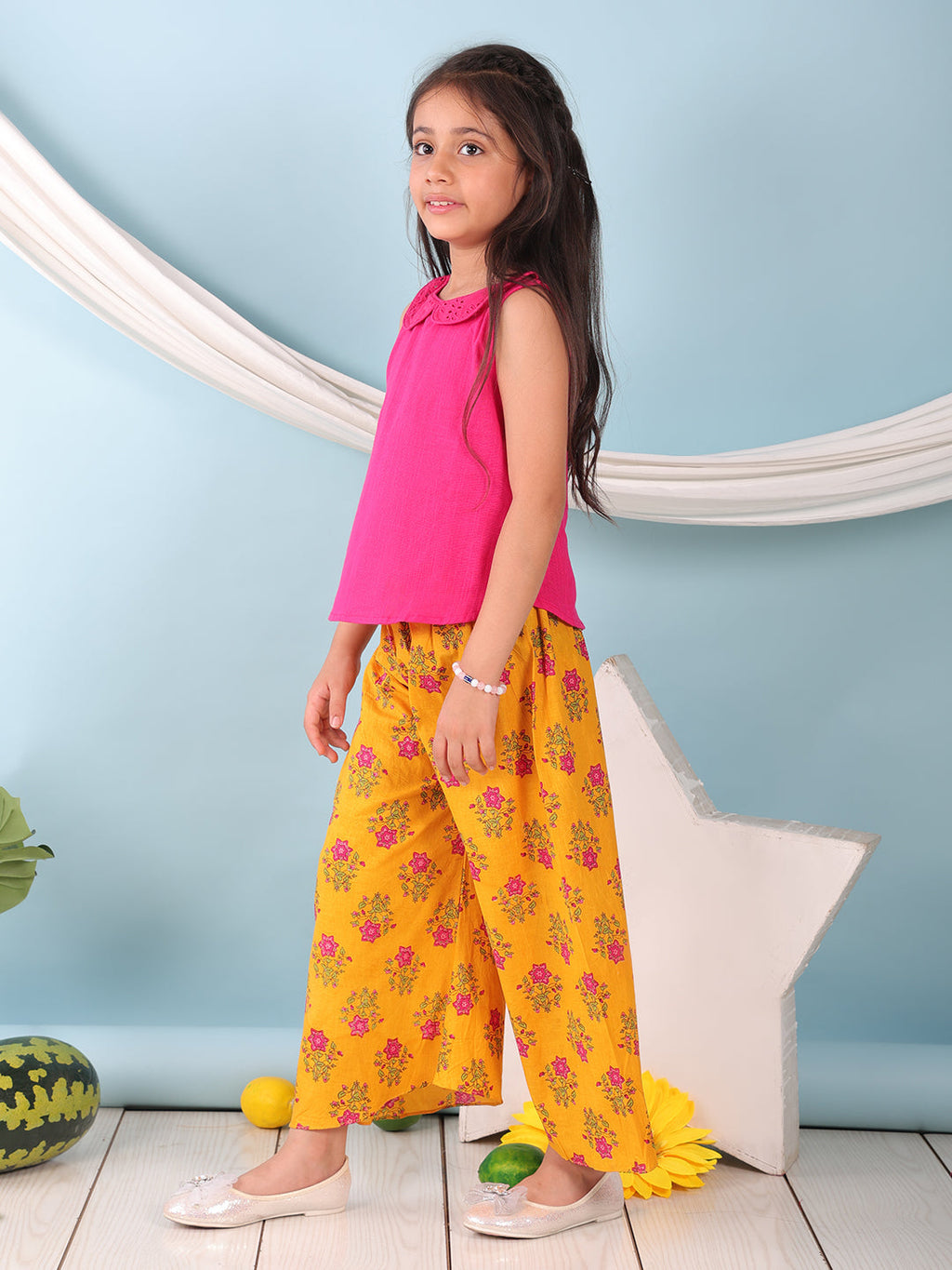 Pink collared  sleeveless Top with Yellow Printed pant