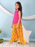 Pink collared  sleeveless Top with Yellow Printed pant