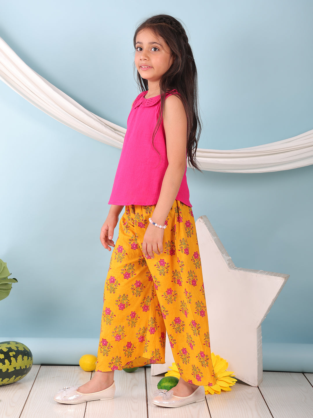 Pink collared  sleeveless Top with Yellow Printed pant