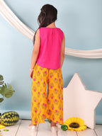 Pink collared  sleeveless Top with Yellow Printed pant