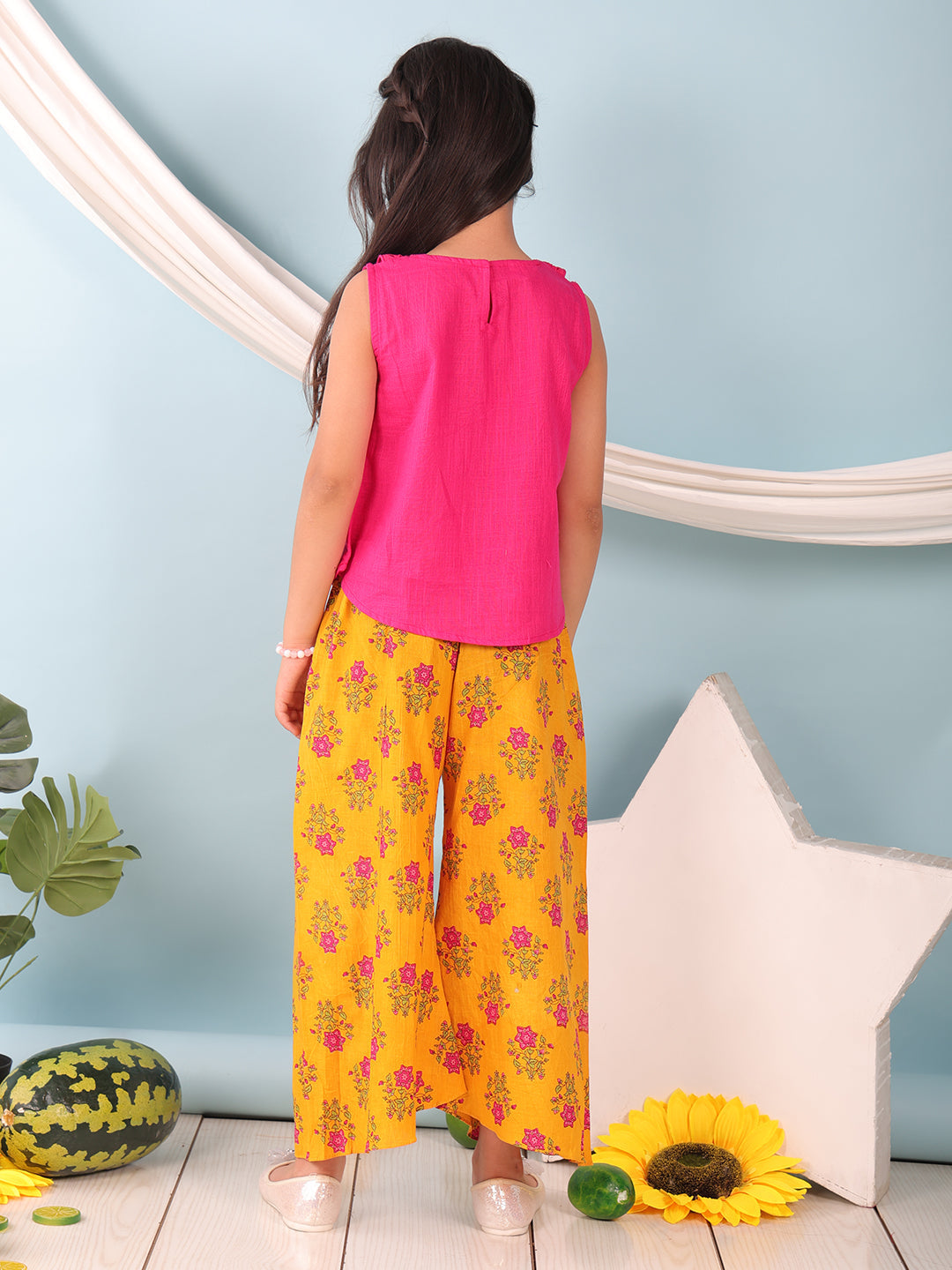 Pink collared  sleeveless Top with Yellow Printed pant