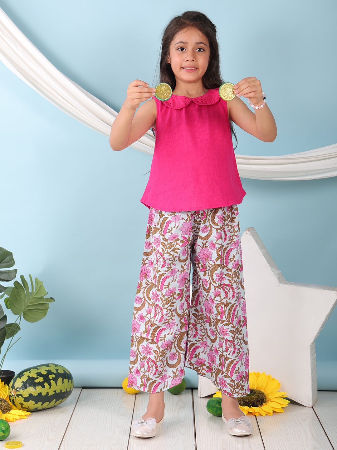 Pink collared  sleeveless Top with Printed Pant