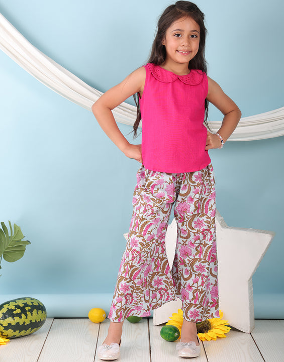 Pink collared  sleeveless Top with Printed Pant