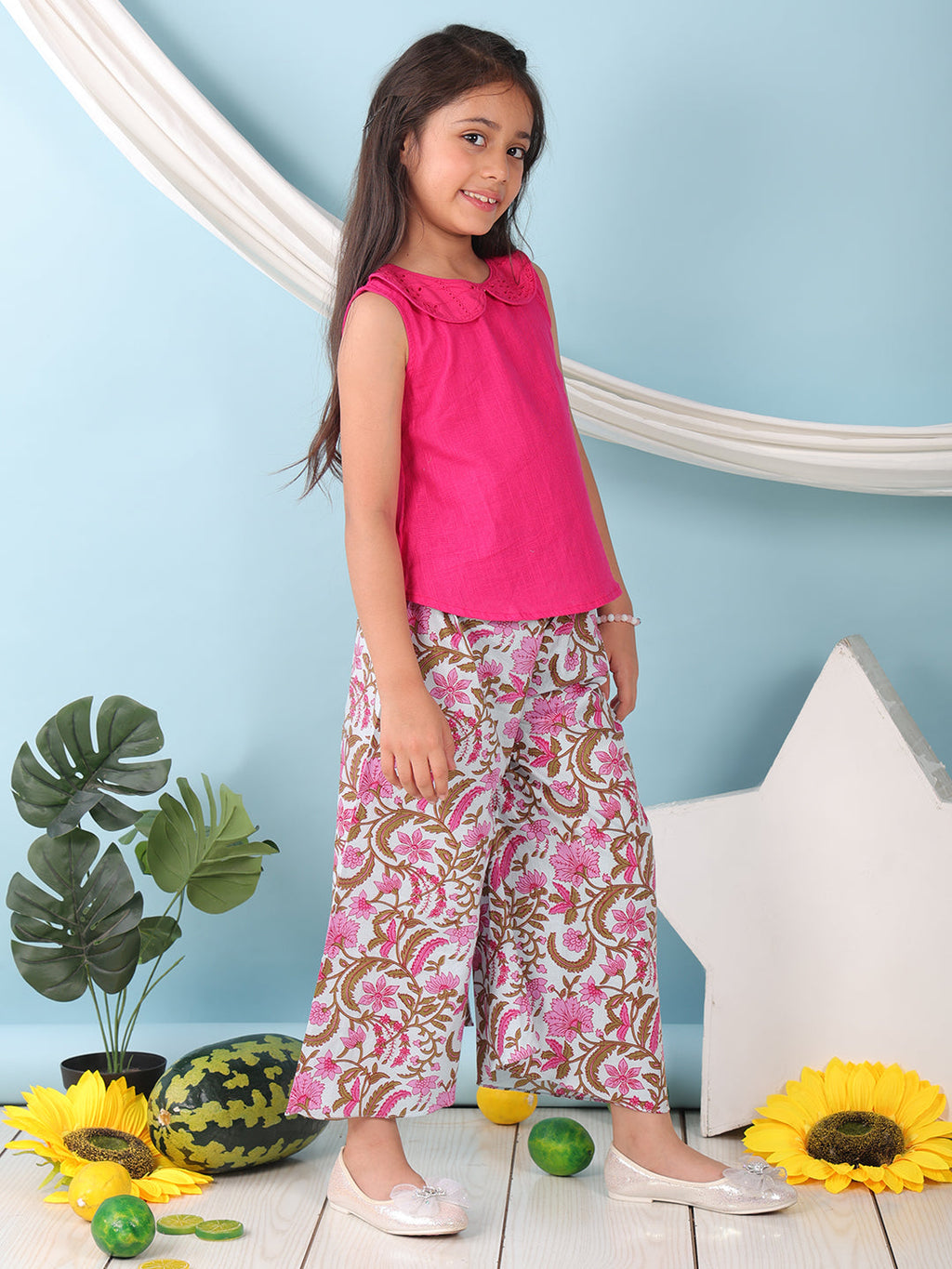 Pink collared  sleeveless Top with Printed Pant