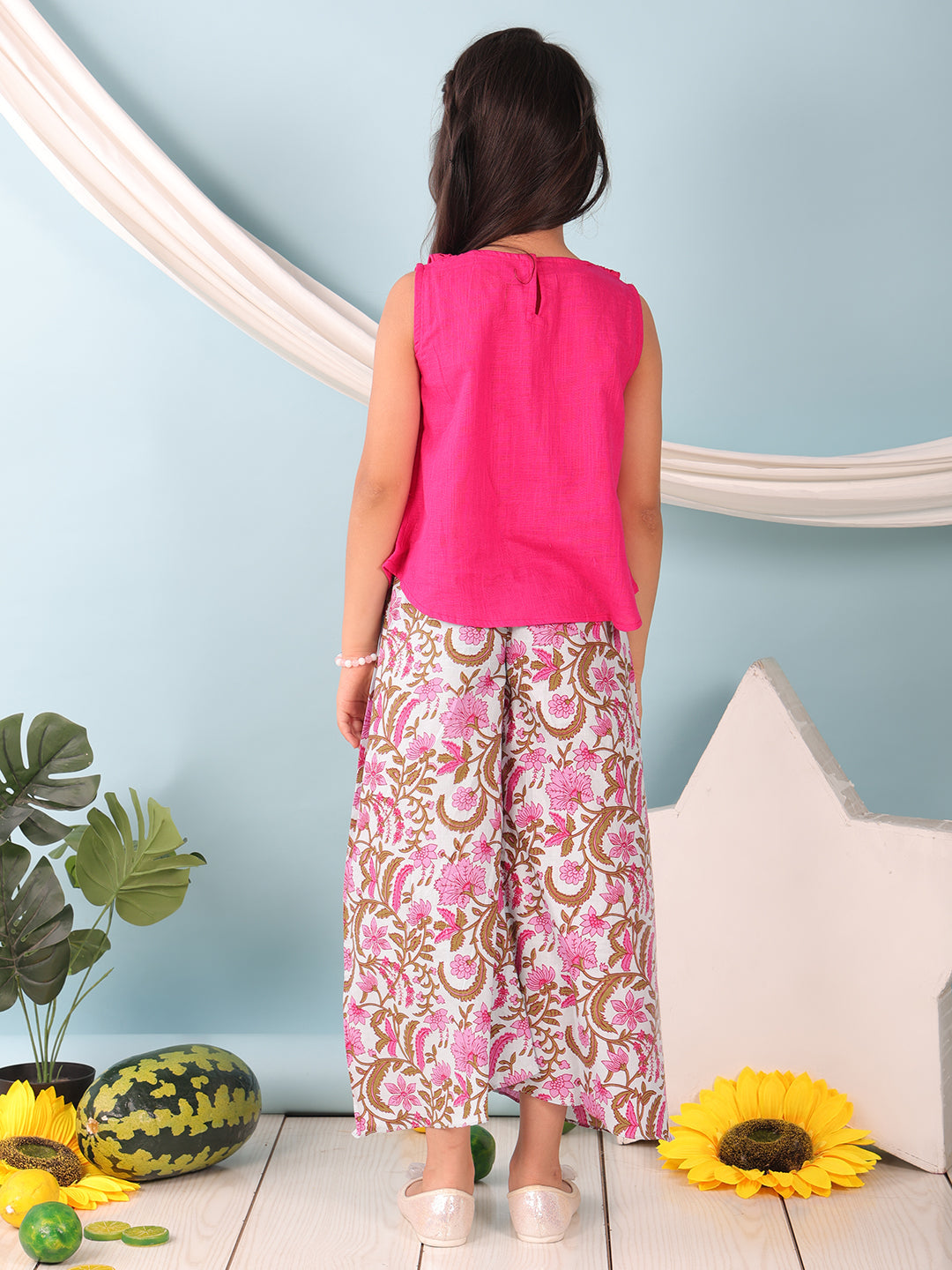 Pink collared  sleeveless Top with Printed Pant