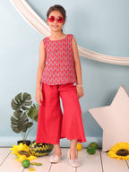 Red floral printed  sleeveless Short Kurti with Red flair pant