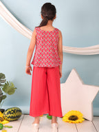 Red floral printed  sleeveless Short Kurti with Red flair pant