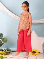 Green floral printed  sleeveless Short Kurti with Red flair pant