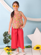 Green floral printed  sleeveless Short Kurti with Red flair pant