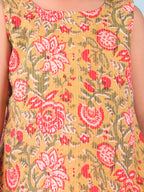 Green floral printed  sleeveless Short Kurti with Red flair pant