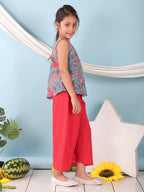 Blue floral printed  sleeveless Short Kurti with Red flair pant