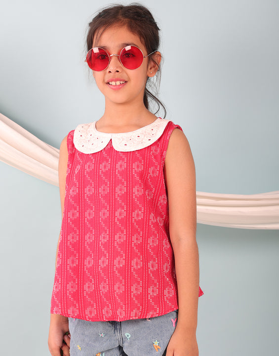 Red Katha Collared Top