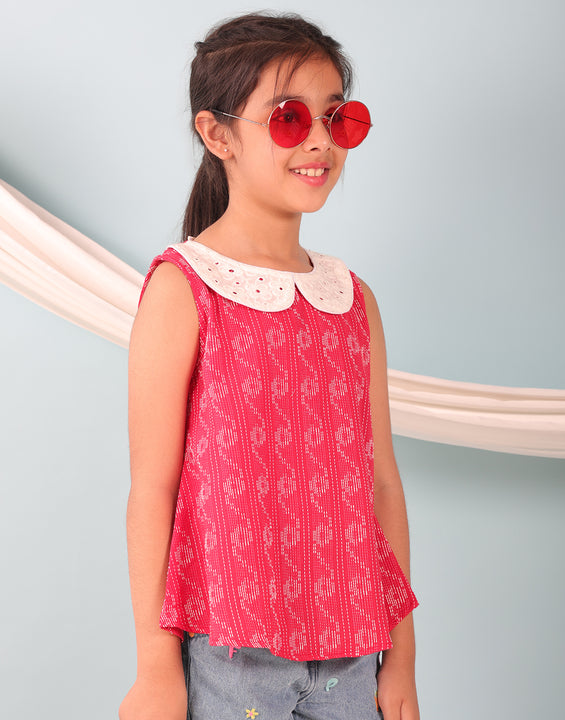Red Katha Collared Top
