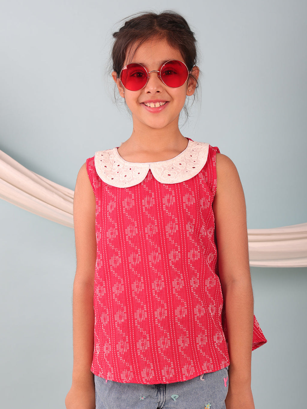 Red Katha Collared Top