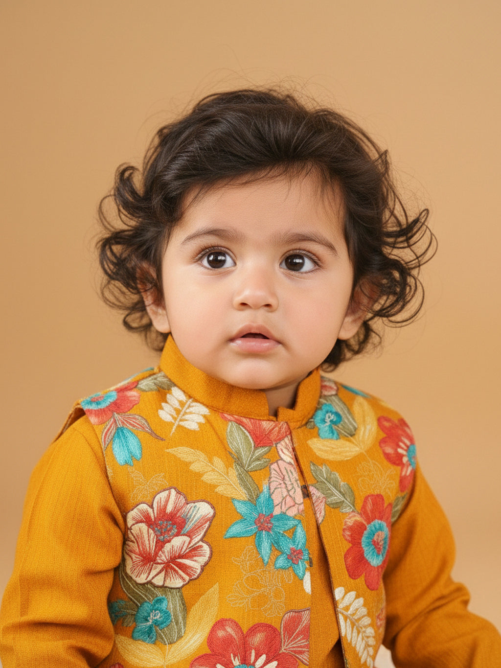 Yellow Plain Kurta with Floral Jacket & Pajama