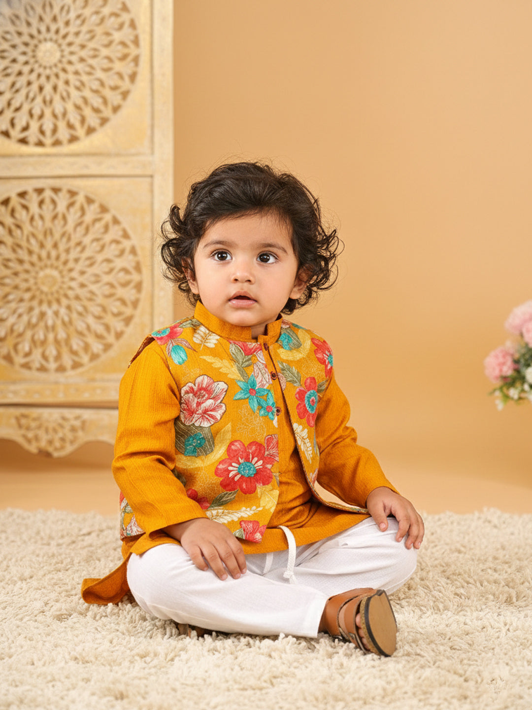 Yellow Plain Kurta with Floral Jacket & Pajama