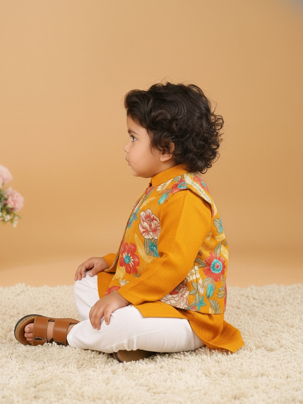 Yellow Plain Kurta with Floral Jacket & Pajama