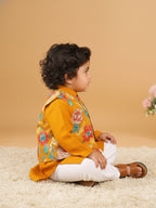 Yellow Plain Kurta with Floral Jacket & Pajama