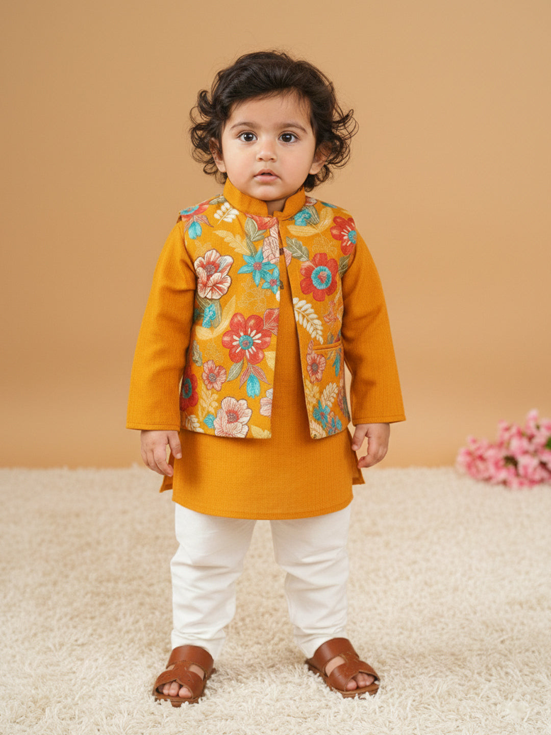 Yellow Plain Kurta with Floral Jacket & Pajama