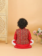 Red Plain Kurta with Red Multicolour Jacket & Pajama