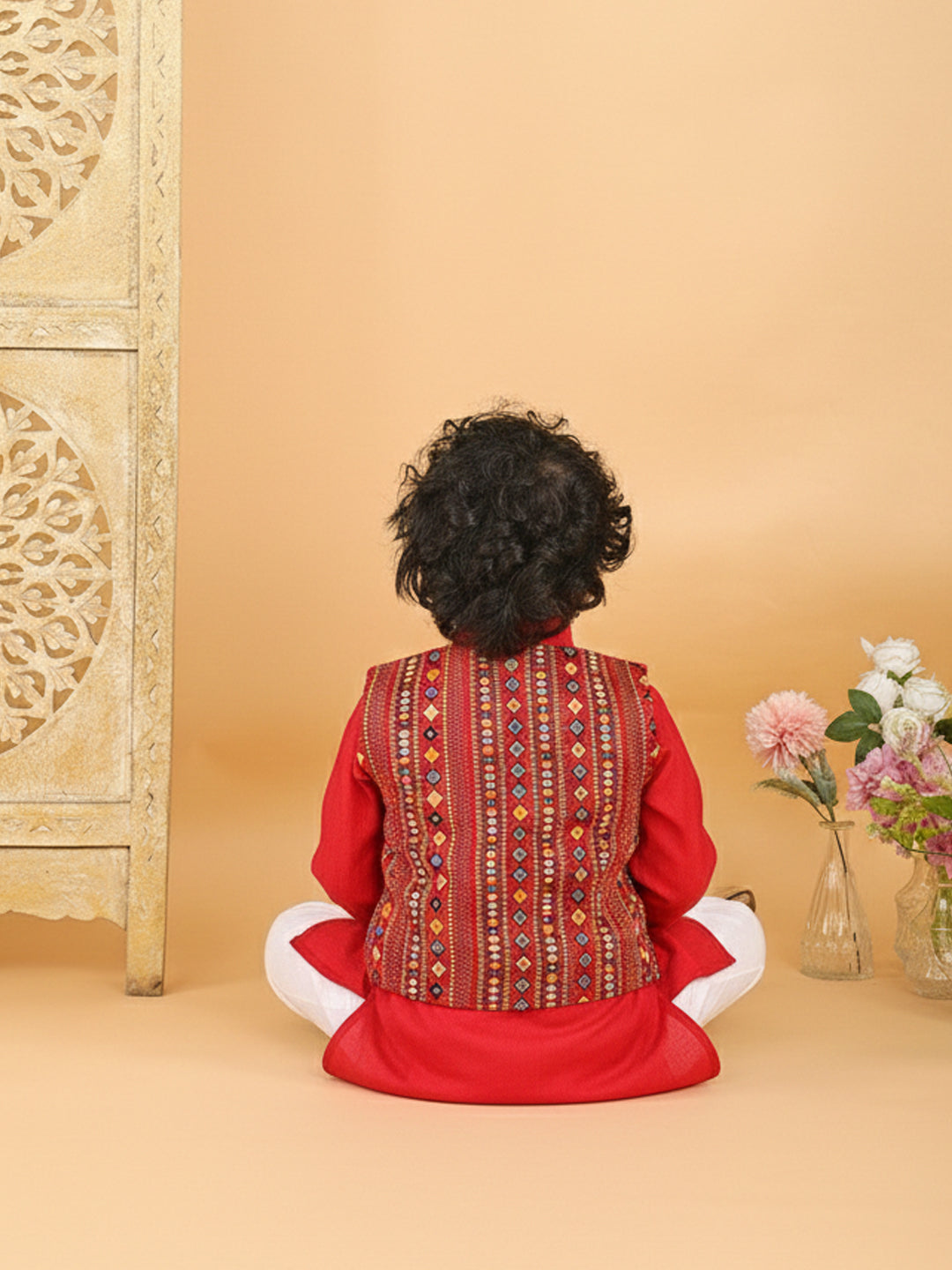Red Plain Kurta with Red Multicolour Jacket & Pajama