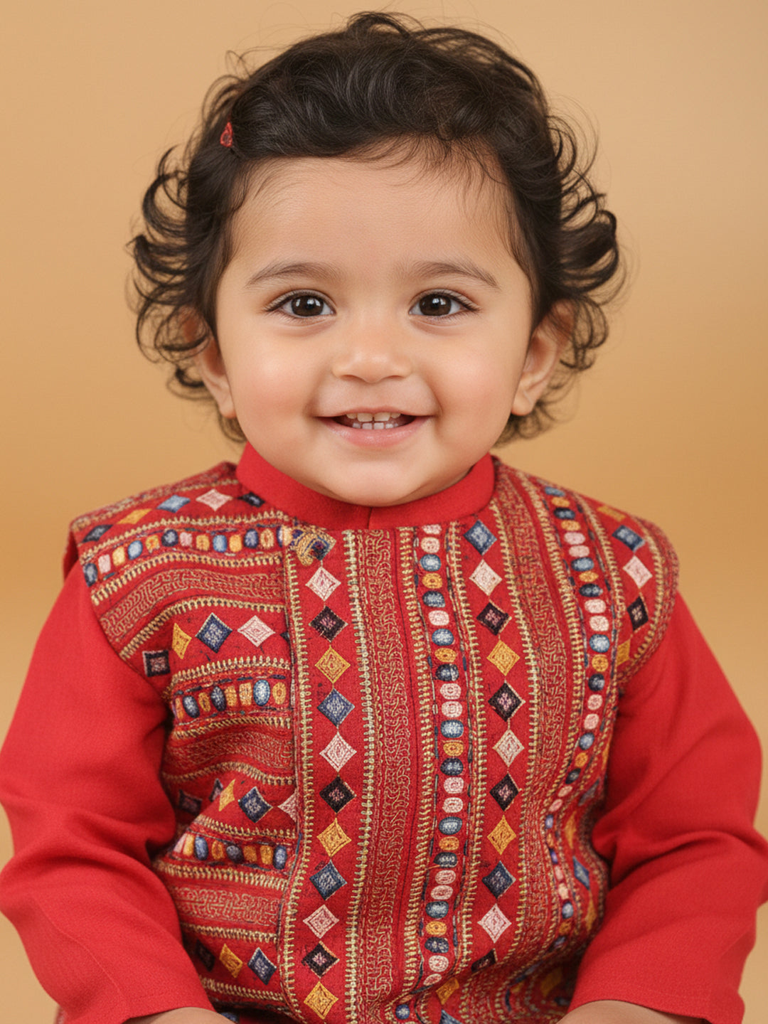 Red Plain Kurta with Red Multicolour Jacket & Pajama