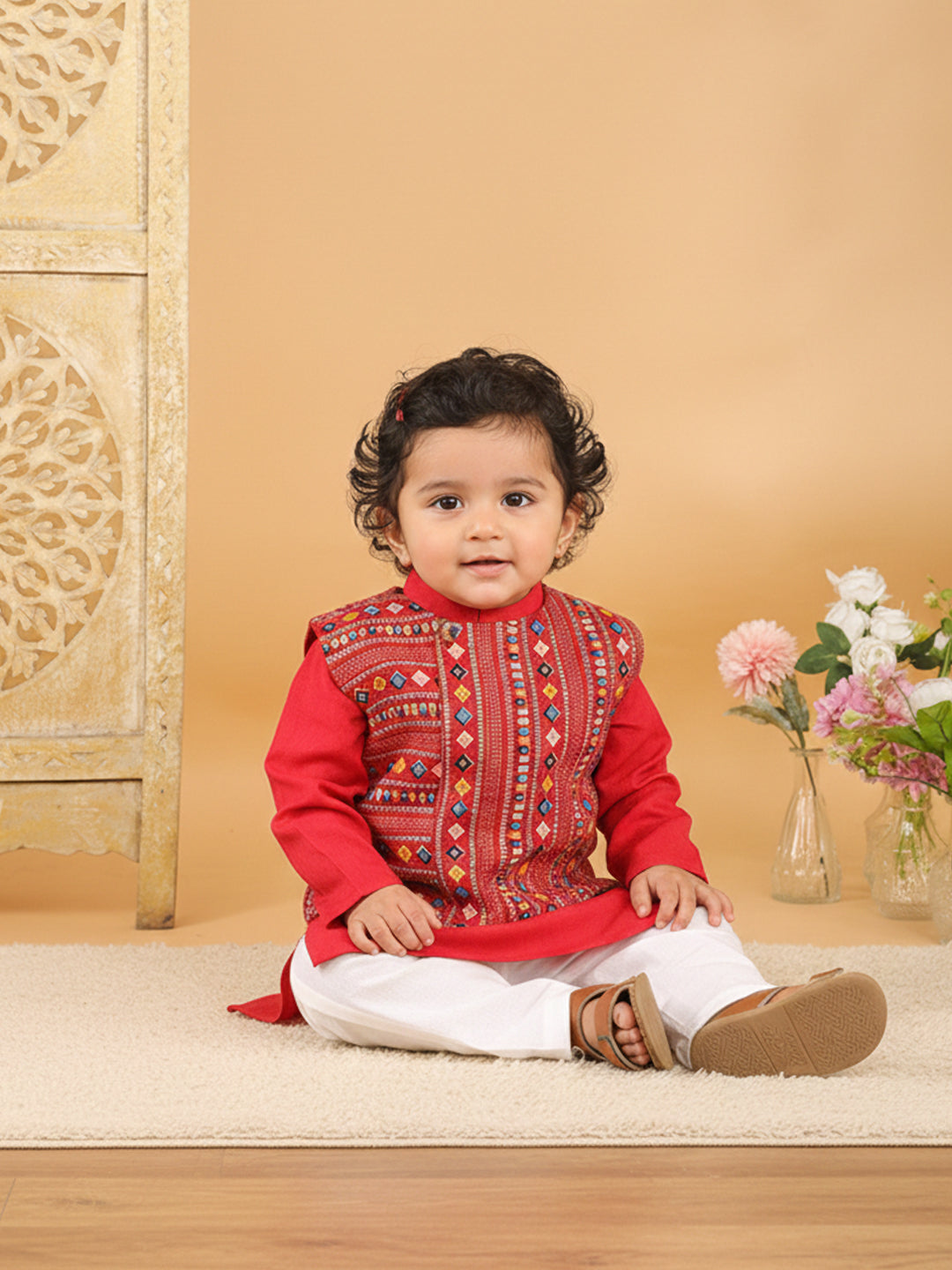 Red Plain Kurta with Red Multicolour Jacket & Pajama
