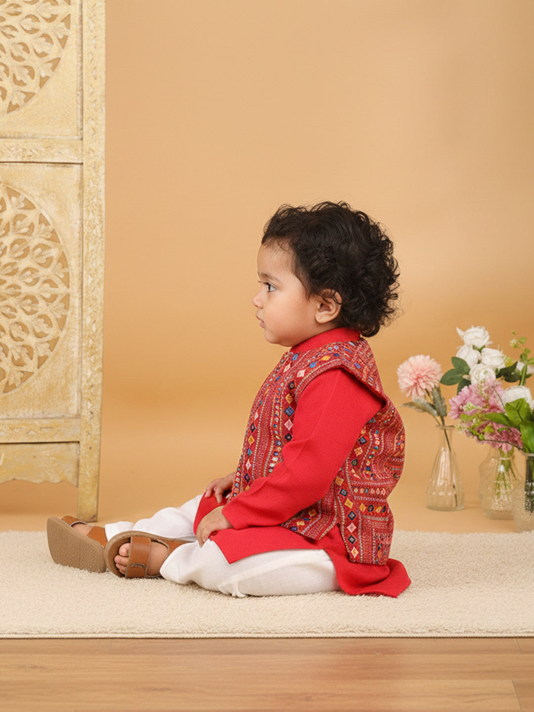 Red Plain Kurta with Red Multicolour Jacket & Pajama
