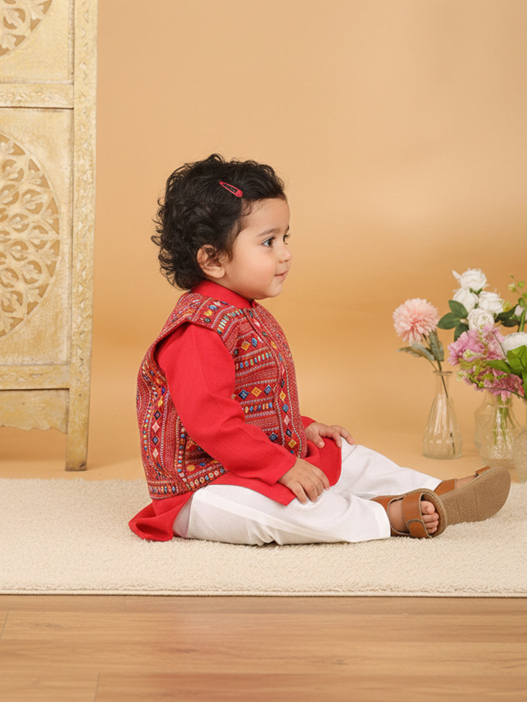 Red Plain Kurta with Red Multicolour Jacket & Pajama
