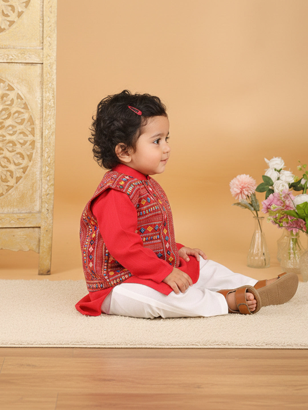 Red Plain Kurta with Red Multicolour Jacket & Pajama