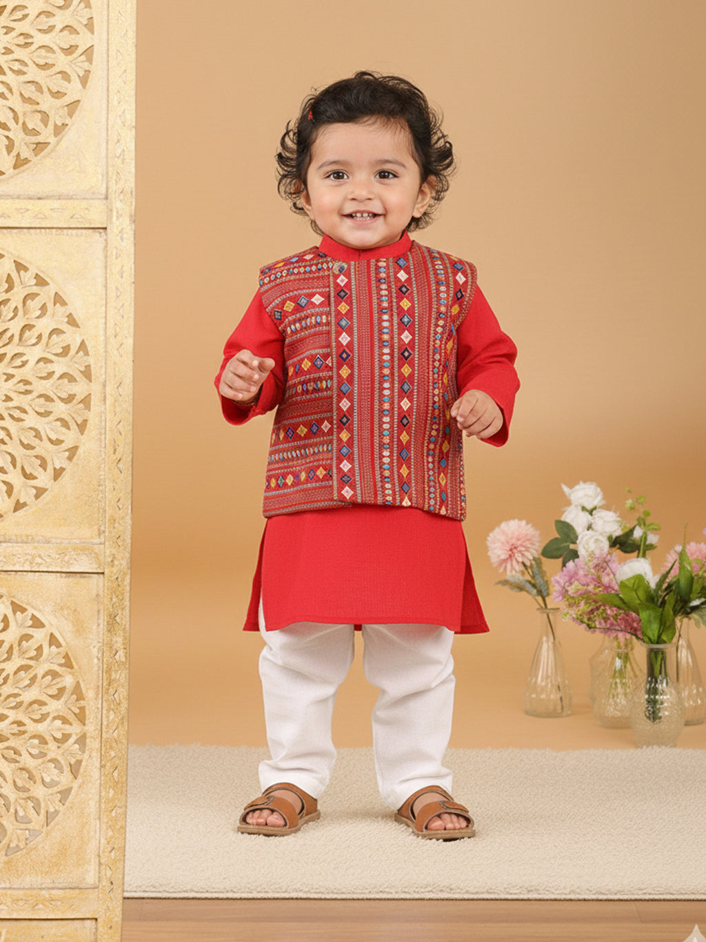 Red Plain Kurta with Red Multicolour Jacket & Pajama