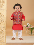 Red Plain Kurta with Red Multicolour Jacket & Pajama