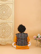 Yellow Plain Kurta with Blue Multicolour Jacket & Pajama