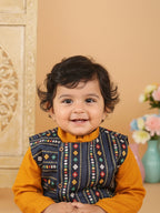 Yellow Plain Kurta with Blue Multicolour Jacket & Pajama