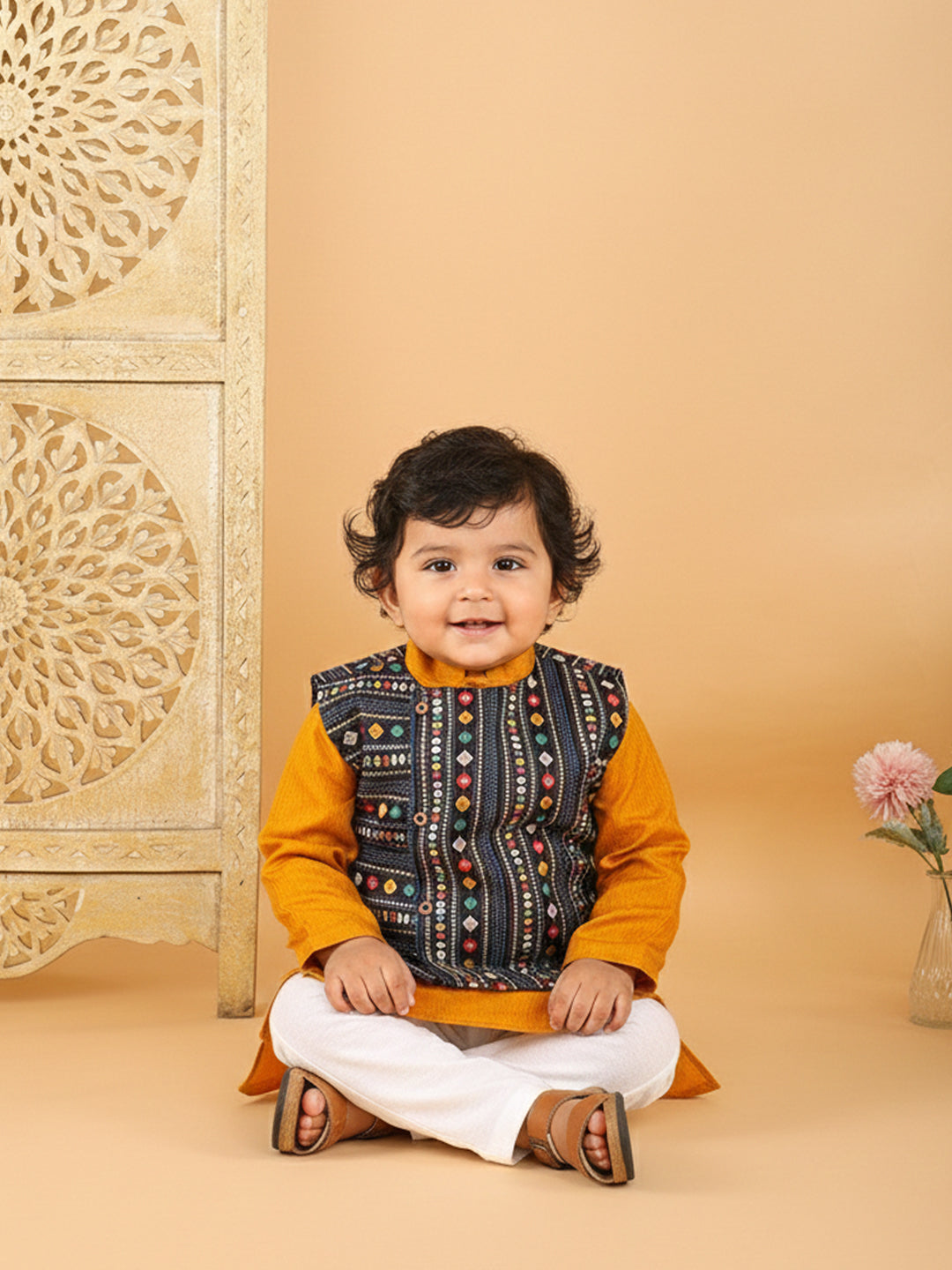 Yellow Plain Kurta with Blue Multicolour Jacket & Pajama