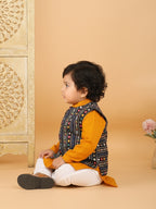 Yellow Plain Kurta with Blue Multicolour Jacket & Pajama